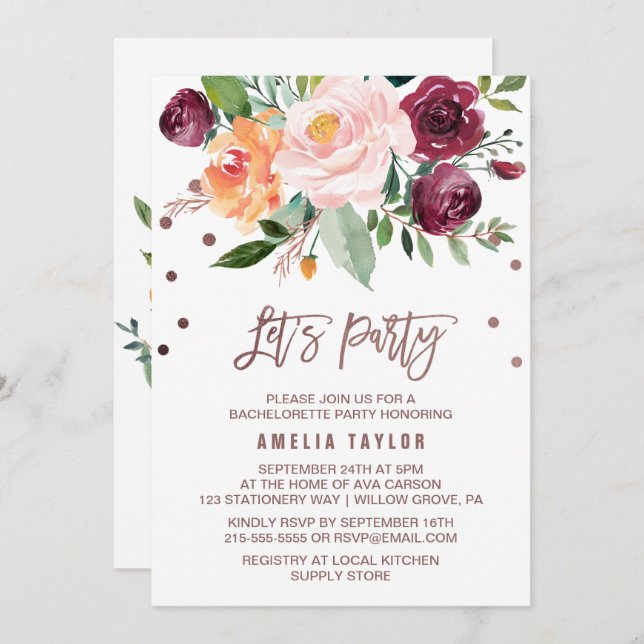 Autumn Floral Rose Gold Light Wreath Let's Party Invitation (Front/Back)