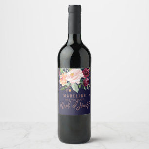 Autumn Floral Rose Gold Maid of Honour Wine Label