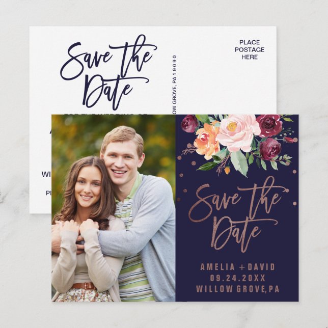 Autumn Floral Rose Gold Save the Date Photo Announcement Postcard (Front/Back)