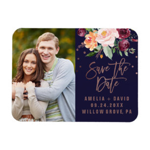 Autumn Floral Rose Gold Save the Date Photo Magnet