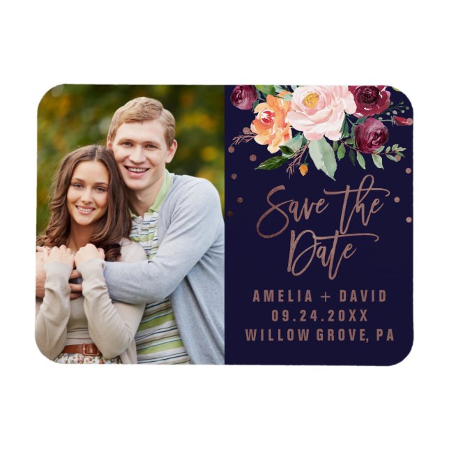 Autumn Floral Rose Gold Save the Date Photo Magnet (Horizontal)