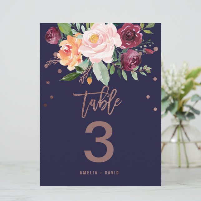 Autumn Floral Rose Gold Table Number (Large) (Standing Front)