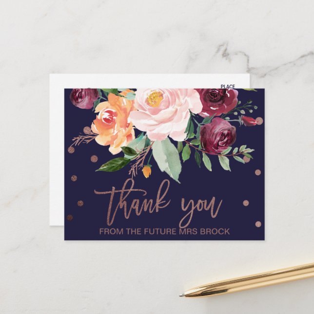 Autumn Floral Rose Gold Thank You Postcard (Front/Back In Situ)