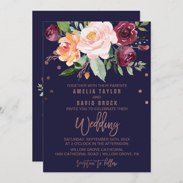 Autumn Floral Rose Gold Typography Backing Wedding Invitation (Front/Back)