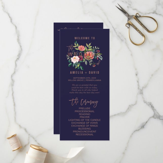 Autumn Floral Rose Gold Wedding Program (Front/Back In Situ)