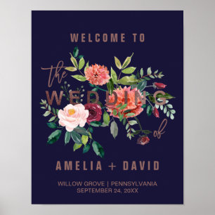 Autumn Floral Rose Gold Wedding Welcome Poster