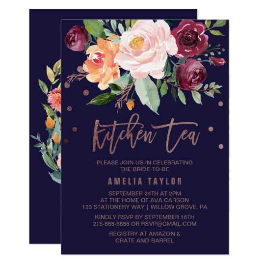 autumn floral rose gold wreath back kitchen tea invitation zazzle