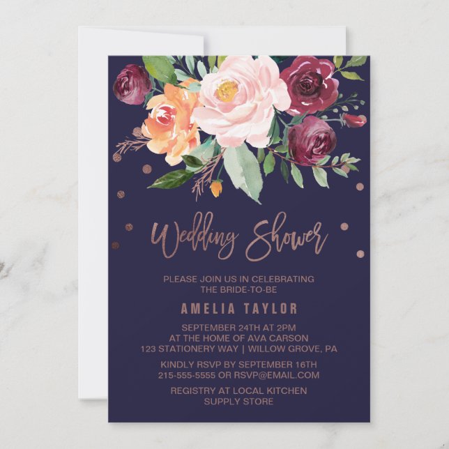 Autumn Floral Rose Gold Wreath Back Wedding Shower Invitation (Front)