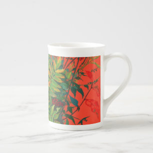 Autumn Floral Rowan Leaves, ElderBerries on Orange Bone China Mug