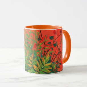 Autumn Floral Rowan Leaves, ElderBerries on Orange Mug