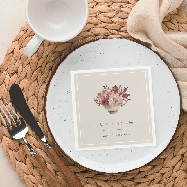 Autumn Floral Teacup Love Is Brewing Bridal Shower Napkin (Creator Uploaded)