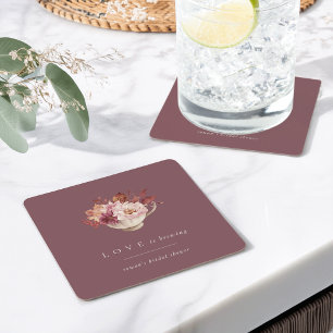 Autumn Floral Teacup Love Is Brewing Bridal Shower Square Paper Coaster