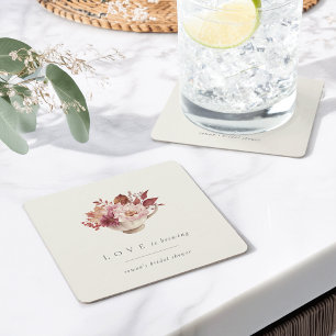 Autumn Floral Teacup Love Is Brewing Bridal Shower Square Paper Coaster