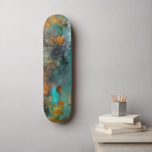 Autumn Floral Teal Rust Gold Abstract Skateboard