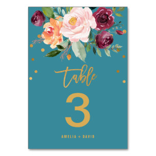 Autumn Floral   Teal Table Number
