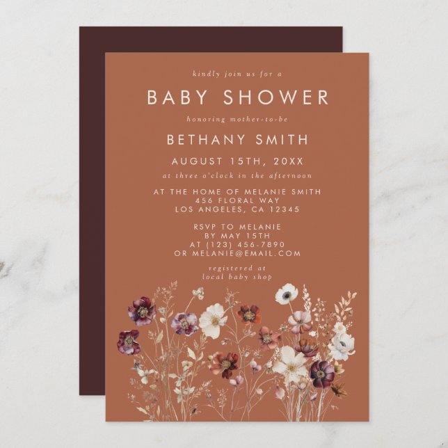 Autumn Floral Terracotta Baby Shower Invitation (Front/Back)