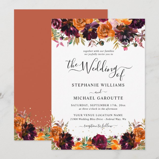 Autumn Floral Terracotta Gold Glitter Wedding Invitation (Front/Back)