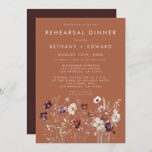Autumn Floral Terracotta Rehearsal Dinner Invitation (Front/Back)