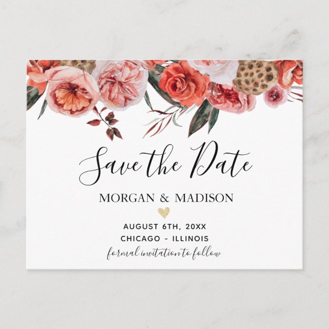 Autumn Floral terracotta save the date postcard (Front)