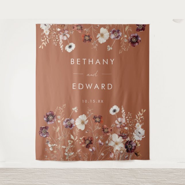 Autumn Floral Terracotta Wedding Backdrop Tapestry (Front)