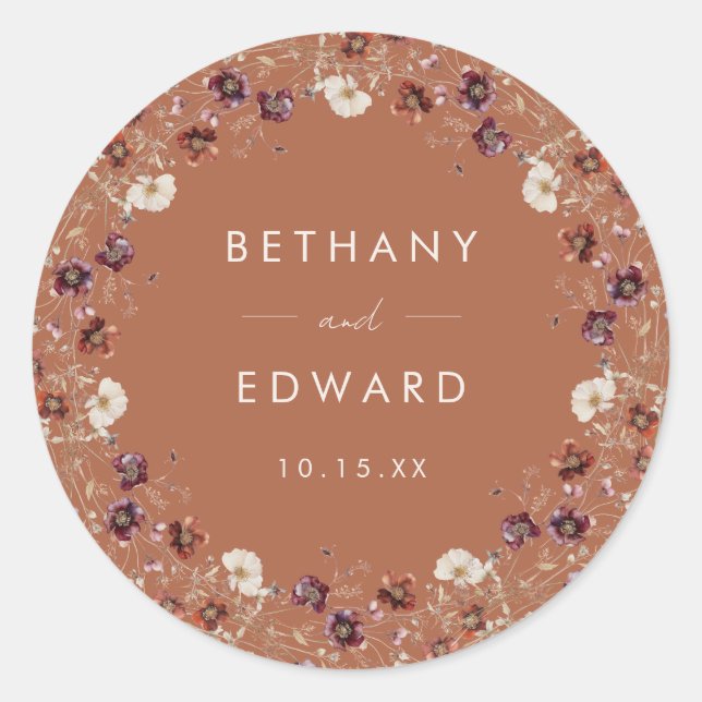 Autumn Floral Terracotta Wedding Classic Round Sticker (Front)
