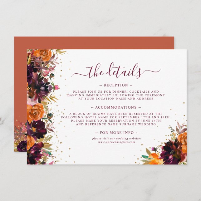 Autumn Floral Terracotta Wedding Details Enclosure Card (Front/Back)