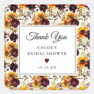 Autumn Floral Thank You Bridal Shower Square Sticker