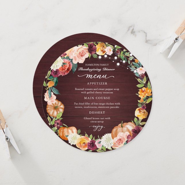 Autumn Floral Thanksgiving Dinner Circle Menu Card (Front/Back In Situ)