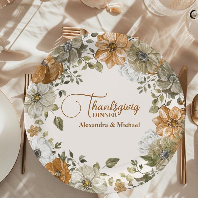 Autumn Floral Thanksgiving Dinner Paper Plate (Creator Uploaded)