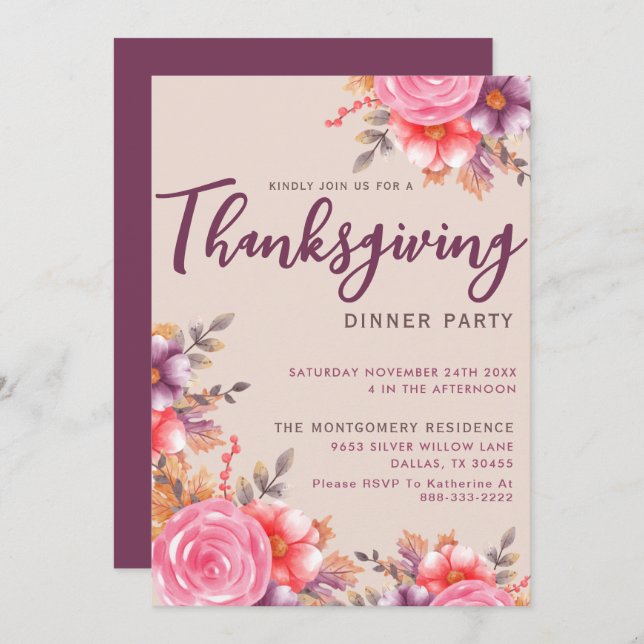 Autumn Floral Thanksgiving Family Dinner Party Invitation (Front/Back)