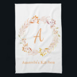 Autumn Floral Watercolor Boho Personalised Name Tea Towel<br><div class="desc">Kitchen towel with pretty hand painted watercolor floral wreath in lovely fall colours, personalised with your name and initial.</div>