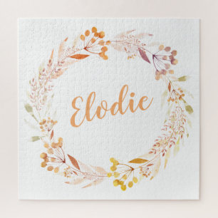 Autumn Floral Watercolor Wreath Boho Personalised Jigsaw Puzzle