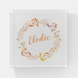 Autumn Floral Watercolor Wreath Boho Personalised Paperweight