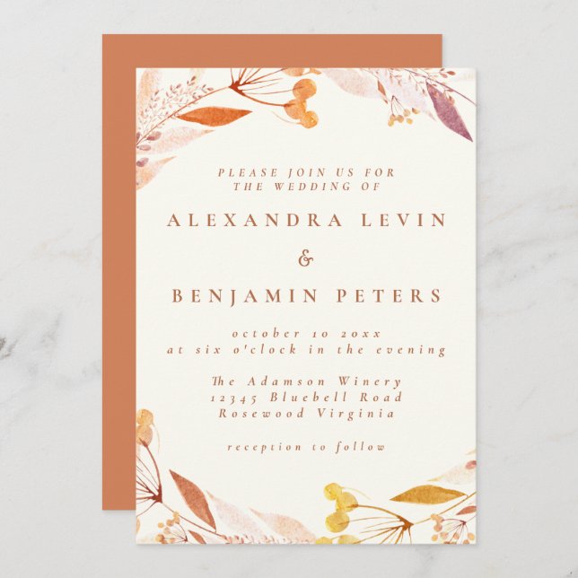 Autumn Floral Watercolor Wreath Boho Wedding Invitation (Front/Back)