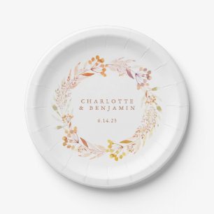 Autumn Floral Watercolor Wreath Custom Wedding Paper Plate