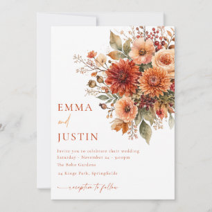 Autumn Floral Wedding Invitation Rust Orange Bouqu