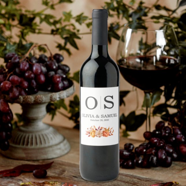 Autumn Floral Wedding Monogram Personalise Bottle Wine Label (Creator Uploaded)