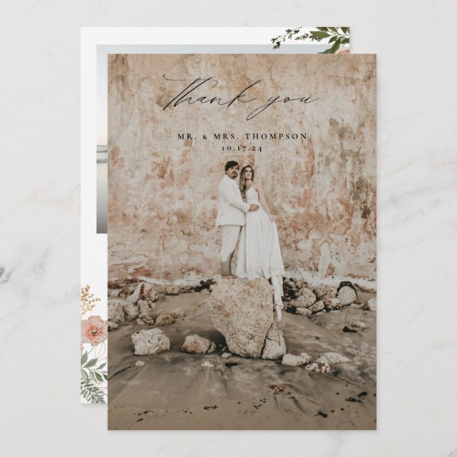 Autumn Floral Wedding Photo Thank You Card (Front/Back)