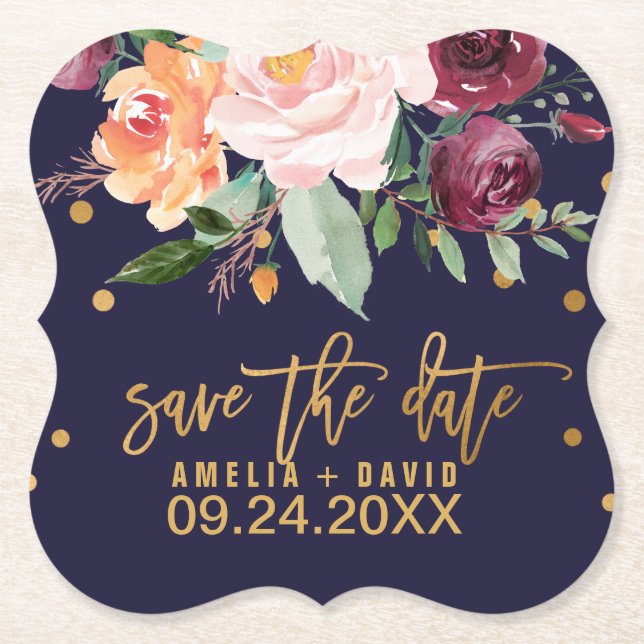 Autumn Floral Wedding Save the Date Announcement Paper Coaster (Front)