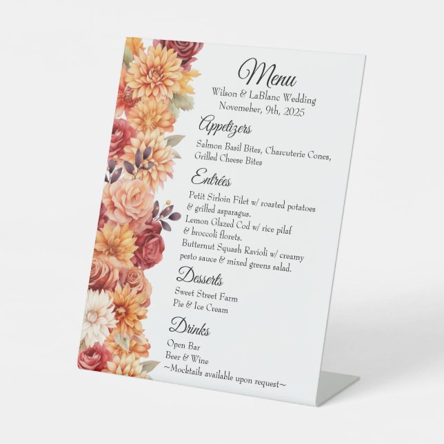 Autumn Floral Wedding Table Top Sign Menu (Front)