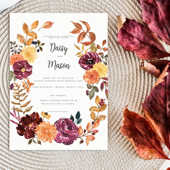 Autumn Floral with BoId watercolor blooms wedding Invitation (Creator Uploaded)