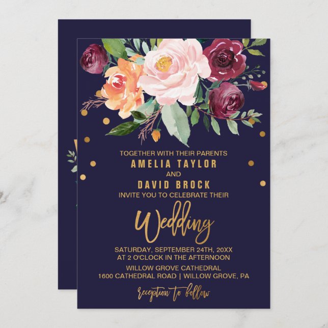 Autumn Floral with Typography Backing Wedding Invitation (Front/Back)