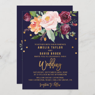 Autumn Floral with Typography Backing Wedding Invitation