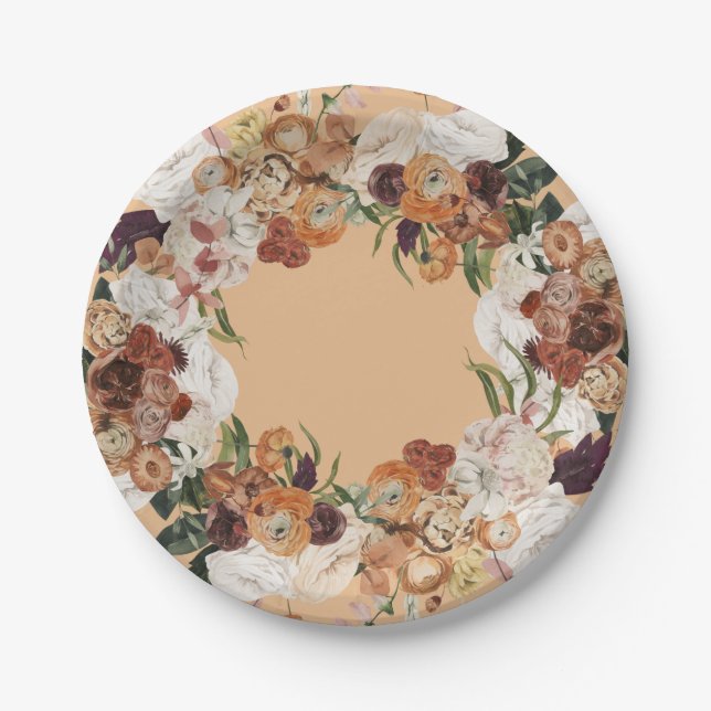 Autumn Floral Wreath Custom Colour Paper Plates (Front)