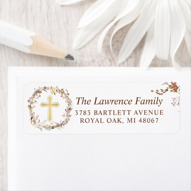 Autumn Floral Wreath Gold Cross Return Address Label (Insitu)