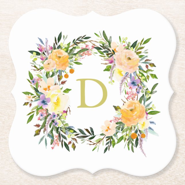 Autumn Floral Wreath Monogram Wedding Paper Coaster (Front)