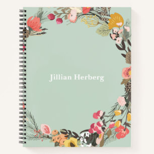 Autumn Floral Wreath on Sage Green with Name Notebook