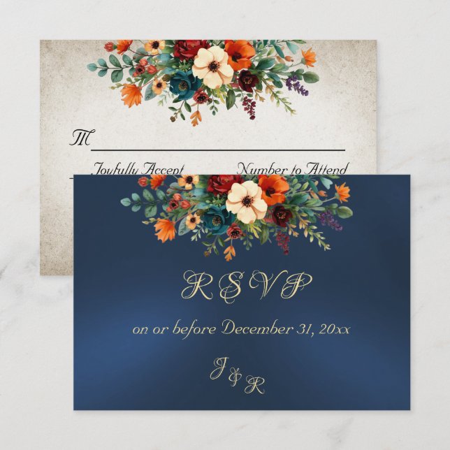 Autumn Floral & Wreath RSVP - Blue Card (Front/Back)