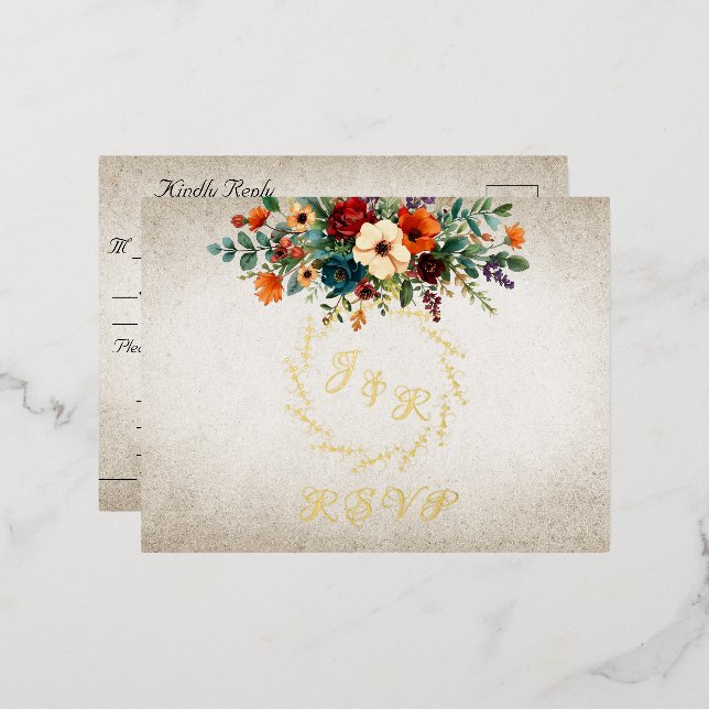 Autumn Floral & Wreath RSVP - Cream Foil Invitation Postcard (Front/Back)