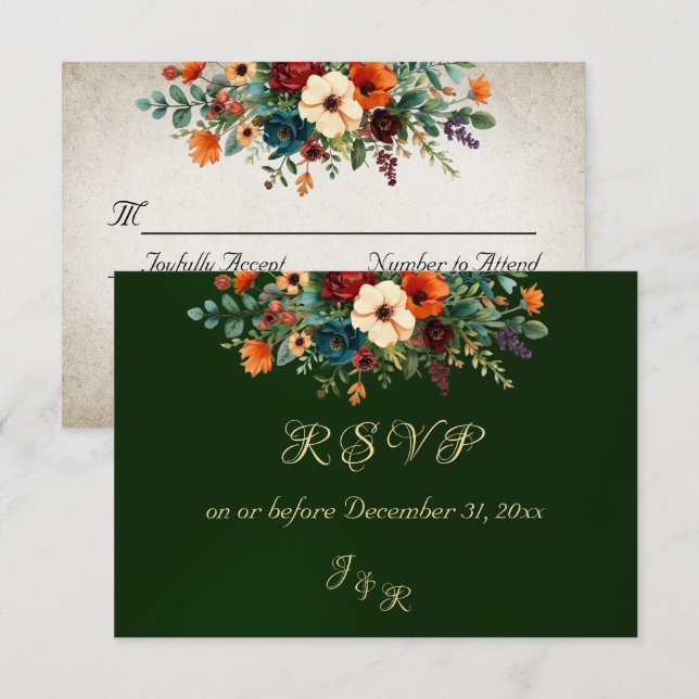 Autumn Floral & Wreath RSVP - Emerald Card (Front/Back)